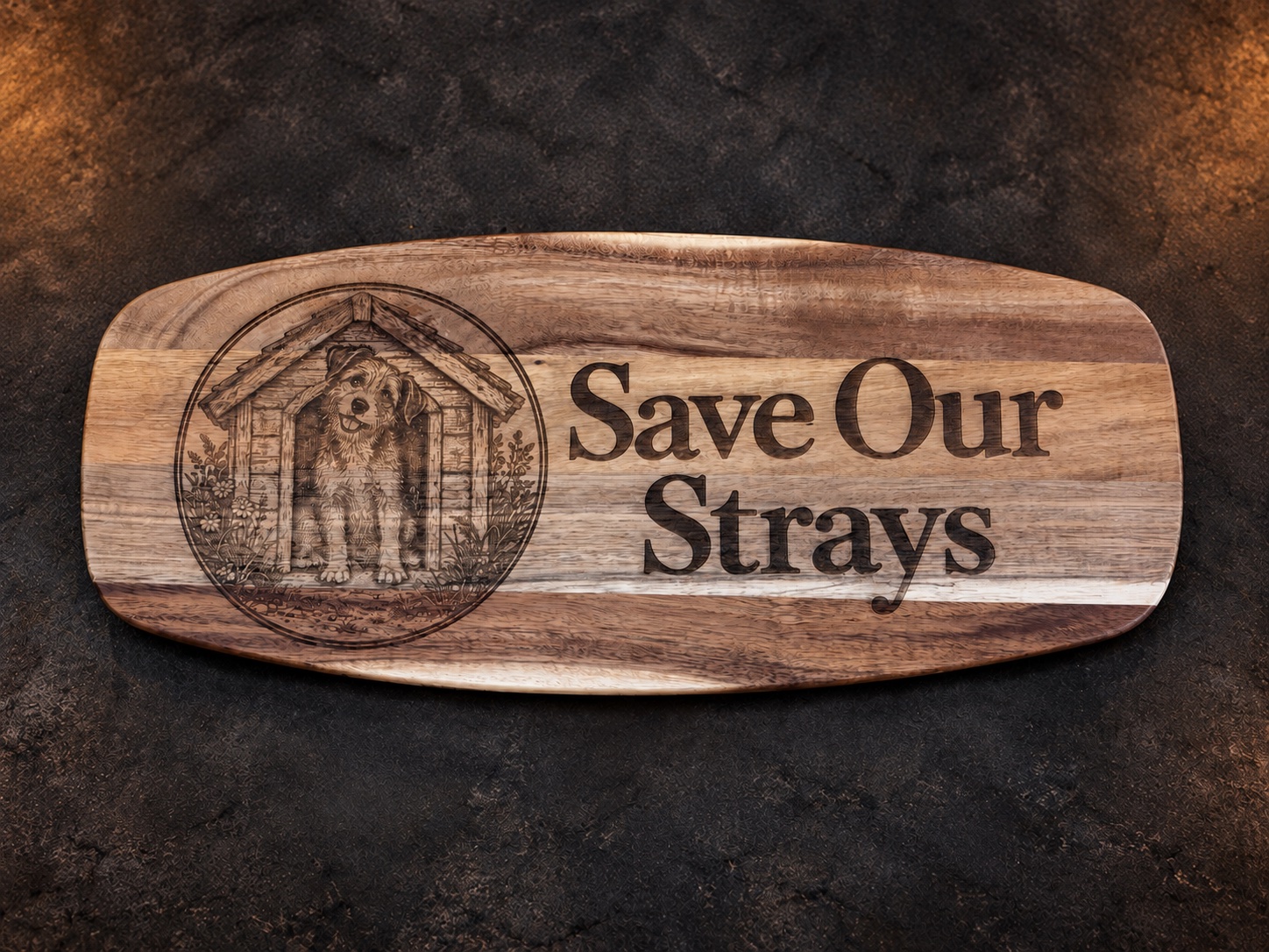 Acacia wood board engraved with a dog in a kennel and the words Save Our Strays, displayed on a dark stone slab.